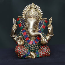 Ganesha Statue for Home Decor Hindu God Lord Ganesh Elephant Brass Ganesha Idol Figurine Sculpture Antique Sitting Carved Ganpati Vinayak Murti.