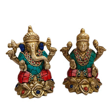 Brass Laxmi Ganesha Idol, Multicolour.