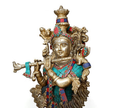 Brass Krishna Statue, Large krishna Idol with Fltue Lord Hare Krishna Figurine Love God Radha Sculpture Thanksgiving Wedding Home Decor Gift.