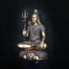 Brass Shiva Statue with Inlay Stone Work Large Shiv Idol Lord Mahadev Natraj | Indian God Aadiyogi Murti Shankar Sculpture Decor Gift.