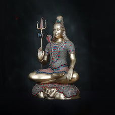 Brass Shiva Statue with Inlay Stone Work Large Shiv Idol Lord Mahadev Natraj | Indian God Aadiyogi Murti Shankar Sculpture Decor Gift.