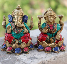 Brass Goddess Lakshmi Lord Ganesha Stone Work 7.5CM Statue