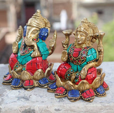 Brass Goddess Lakshmi Lord Ganesha Stone Work 7.5CM Statue